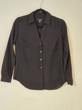 Ann Taylor Black Button-Front Collared Blouse Wardrobe Essential